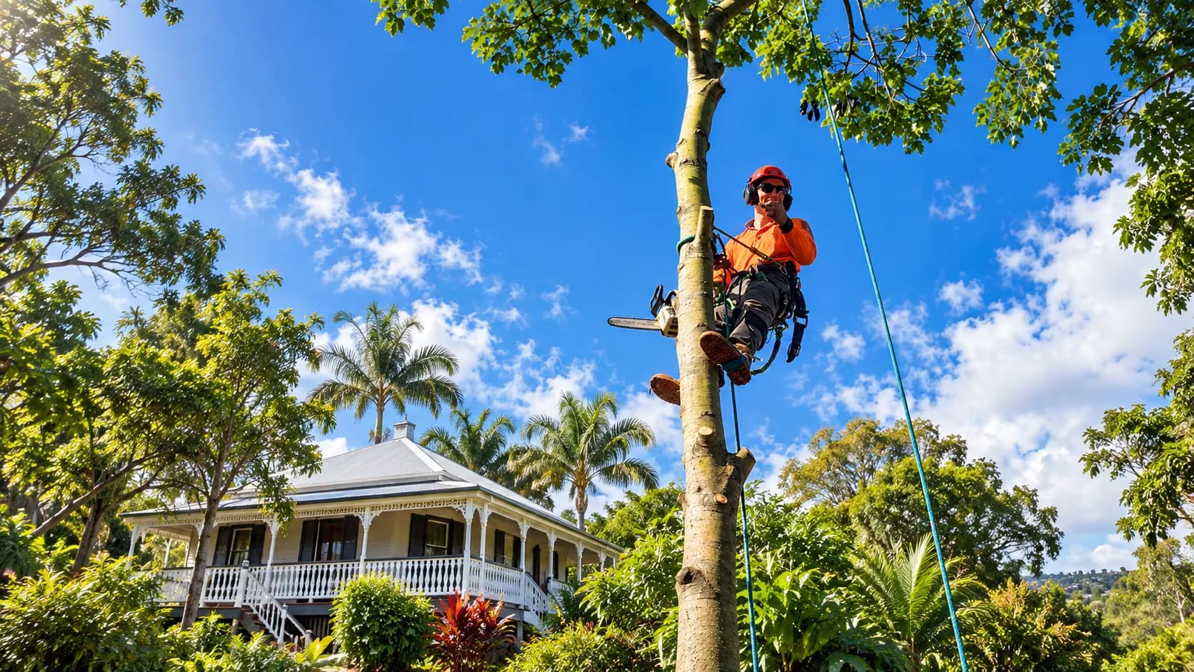 Branch & Blade tree professional climbing a tree beside a Queenslander home